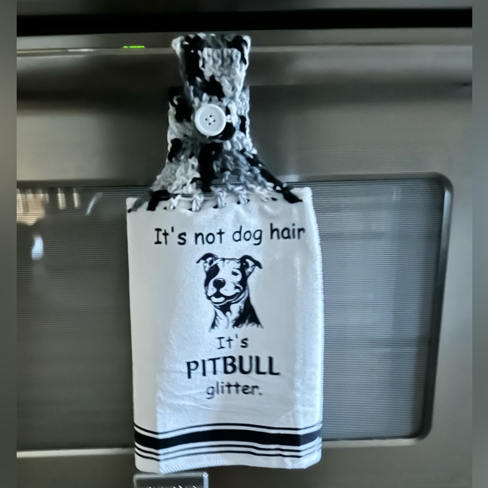 Hand Crafted Black and White Pitbull Themed Hanging Kitchen Hand Towel